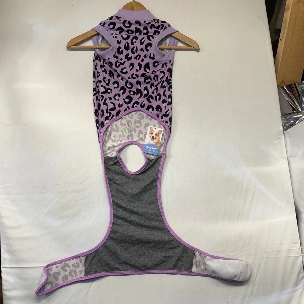 Kuoser Dog Recovery Suit Purple Leopard Print Surgery Snuggly Cone Alt Large NWT